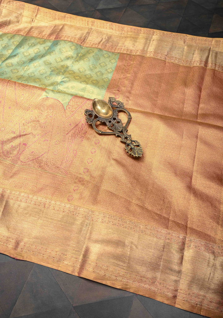 Mint Green Meenakari Brocade Kanjivaram Tissue Silk Saree with  Contrast Pink Paisley Border | SILK MARK CERTIFIED