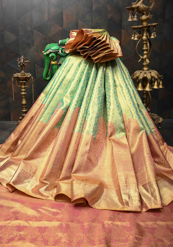 Mint Green Meenakari Brocade Kanjivaram Tissue Silk Saree with  Contrast Pink Paisley Border | SILK MARK CERTIFIED