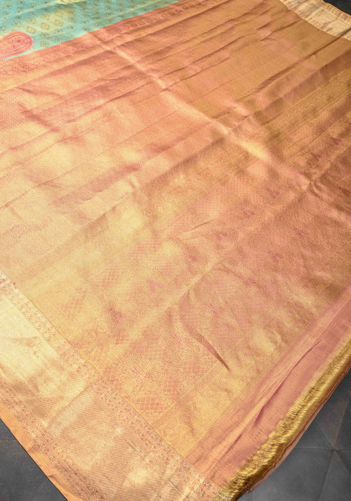Mint Green Meenakari Brocade Kanjivaram Tissue Silk Saree with  Contrast Pink Paisley Border | SILK MARK CERTIFIED