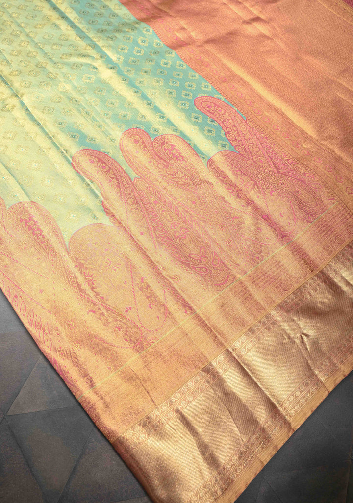 Mint Green Meenakari Brocade Kanjivaram Tissue Silk Saree with  Contrast Pink Paisley Border | SILK MARK CERTIFIED