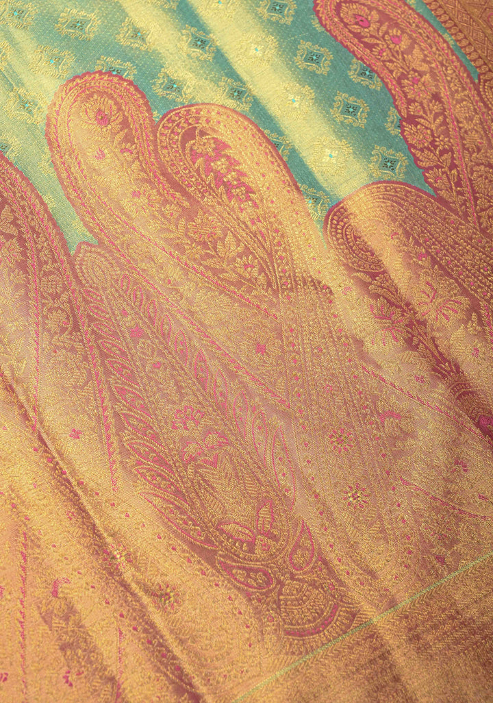 Mint Green Meenakari Brocade Kanjivaram Tissue Silk Saree with  Contrast Pink Paisley Border | SILK MARK CERTIFIED