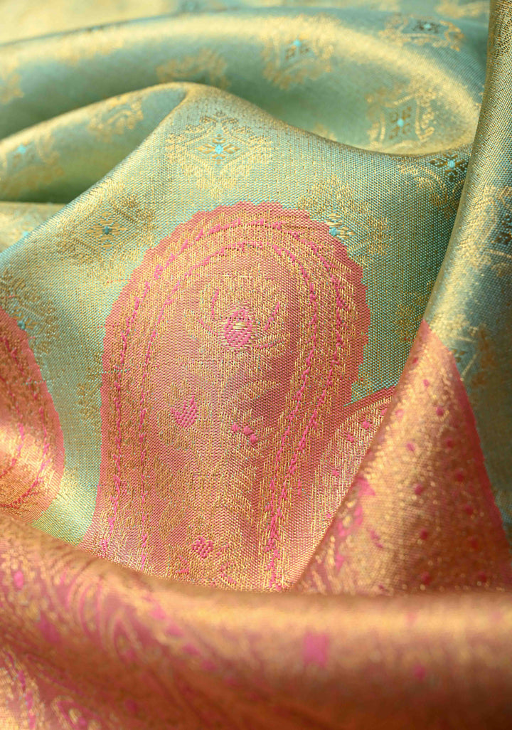 Mint Green Meenakari Brocade Kanjivaram Tissue Silk Saree with  Contrast Pink Paisley Border | SILK MARK CERTIFIED