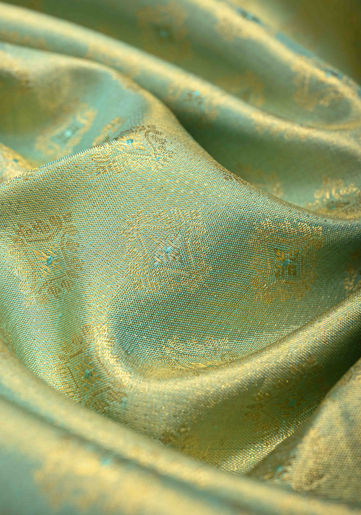 Mint Green Meenakari Brocade Kanjivaram Tissue Silk Saree with  Contrast Pink Paisley Border | SILK MARK CERTIFIED