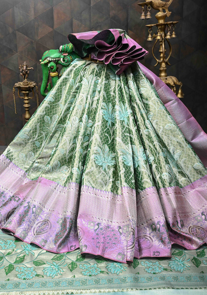Sea Green Meenakari Tissue Floral Brocade Kanjivaram Silk Saree with Wide Meenakari Zari Border | SILK MARK CERTIFIED