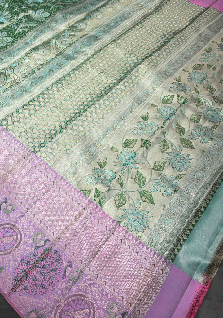 Sea Green Meenakari Tissue Floral Brocade Kanjivaram Silk Saree with Wide Meenakari Zari Border | SILK MARK CERTIFIED