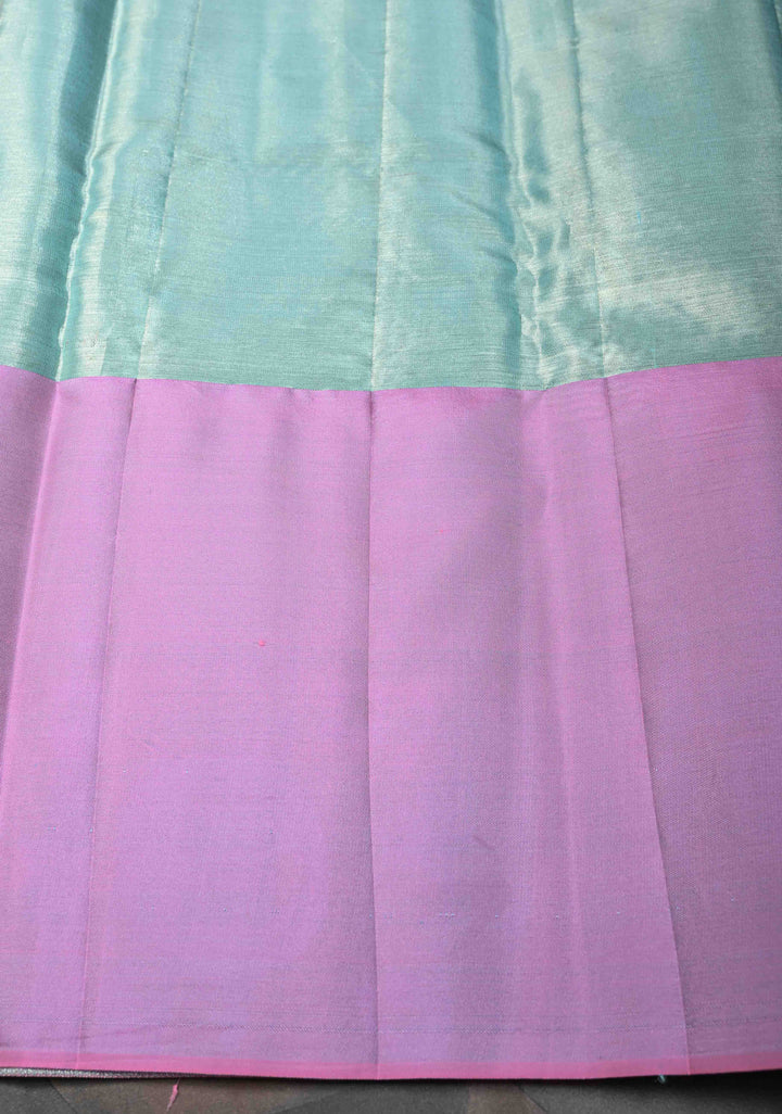 Sea Green Meenakari Tissue Floral Brocade Kanjivaram Silk Saree with Wide Meenakari Zari Border | SILK MARK CERTIFIED