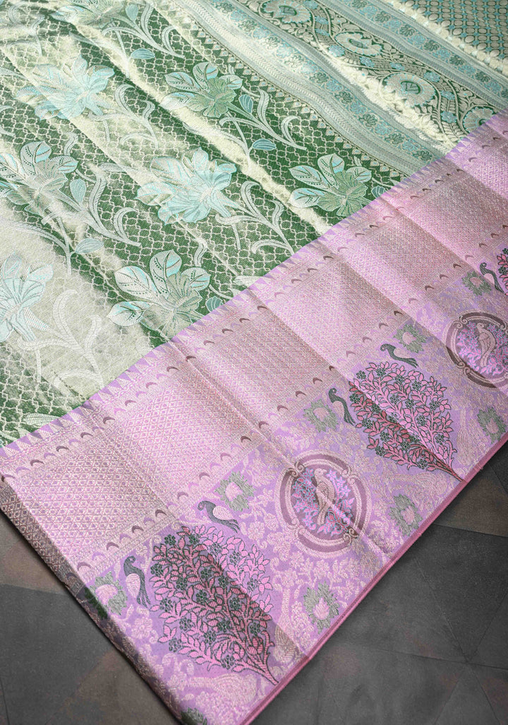 Sea Green Meenakari Tissue Floral Brocade Kanjivaram Silk Saree with Wide Meenakari Zari Border | SILK MARK CERTIFIED