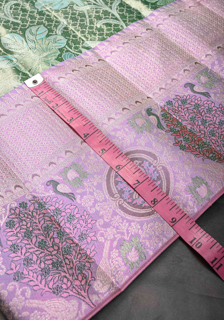 Sea Green Meenakari Tissue Floral Brocade Kanjivaram Silk Saree with Wide Meenakari Zari Border | SILK MARK CERTIFIED