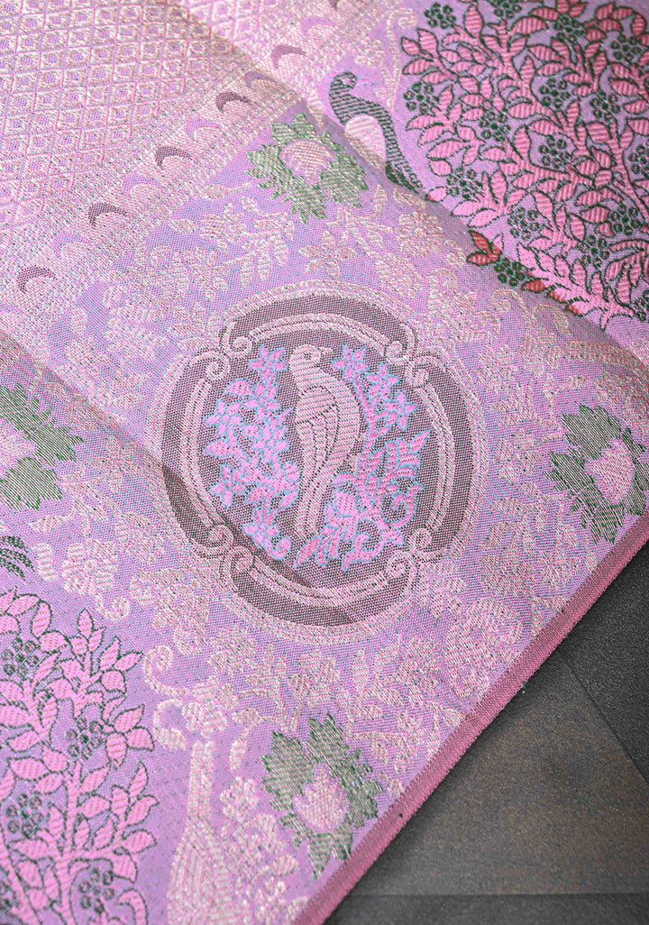 Sea Green Meenakari Tissue Floral Brocade Kanjivaram Silk Saree with Wide Meenakari Zari Border | SILK MARK CERTIFIED