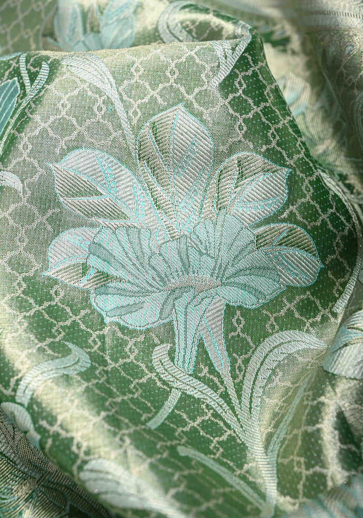 Sea Green Meenakari Tissue Floral Brocade Kanjivaram Silk Saree with Wide Meenakari Zari Border | SILK MARK CERTIFIED