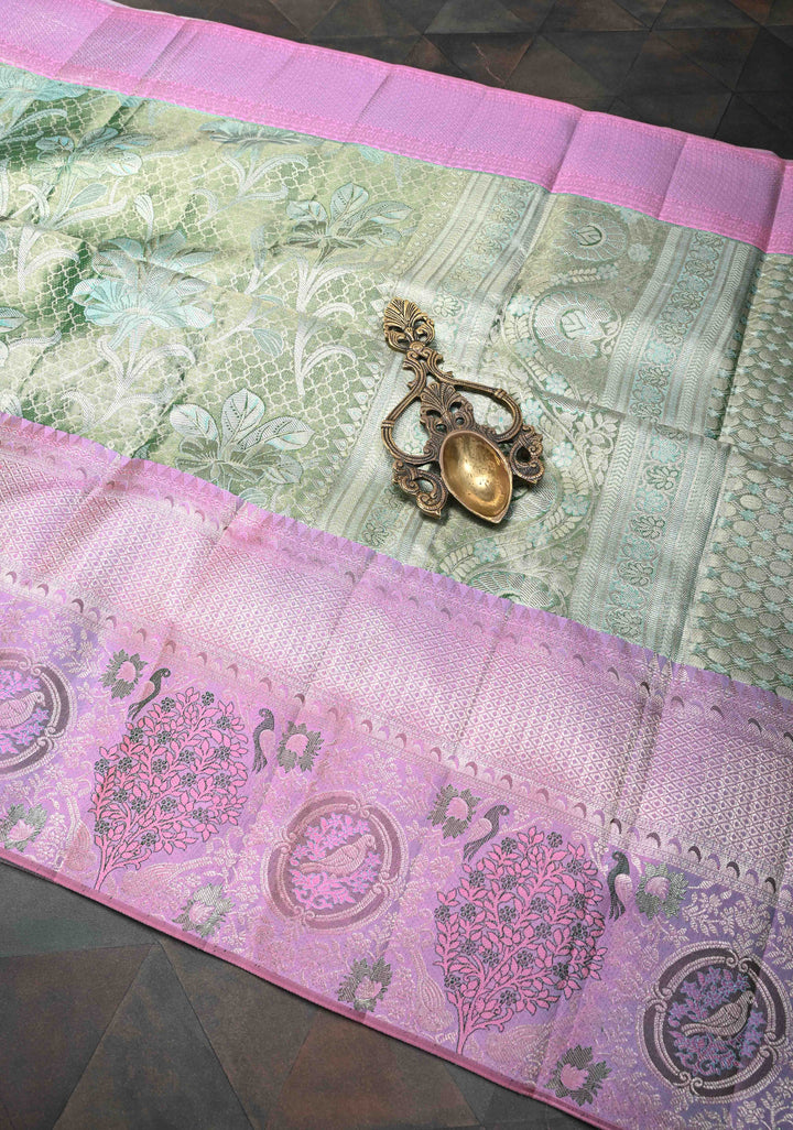 Sea Green Meenakari Tissue Floral Brocade Kanjivaram Silk Saree with Wide Meenakari Zari Border | SILK MARK CERTIFIED