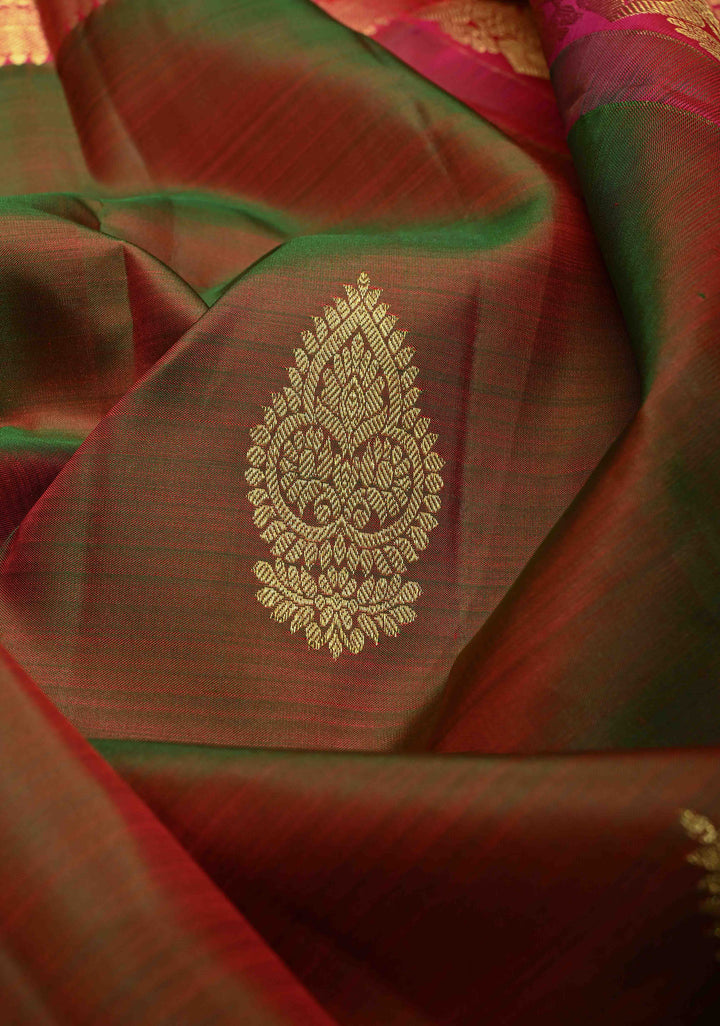 Green Dual tone Kanjivaram Silk Saree with Zari Buttas and Contrast Wide Zari Border | SILK MARK CERTIFIED