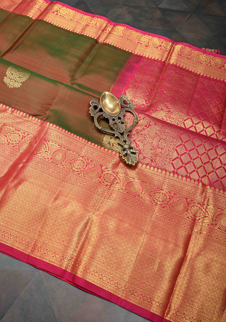 Green Dual tone Kanjivaram Silk Saree with Zari Buttas and Contrast Wide Zari Border | SILK MARK CERTIFIED