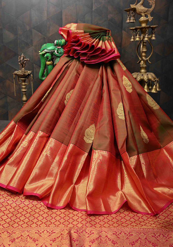 Green Dual tone Kanjivaram Silk Saree with Zari Buttas and Contrast Wide Zari Border | SILK MARK CERTIFIED