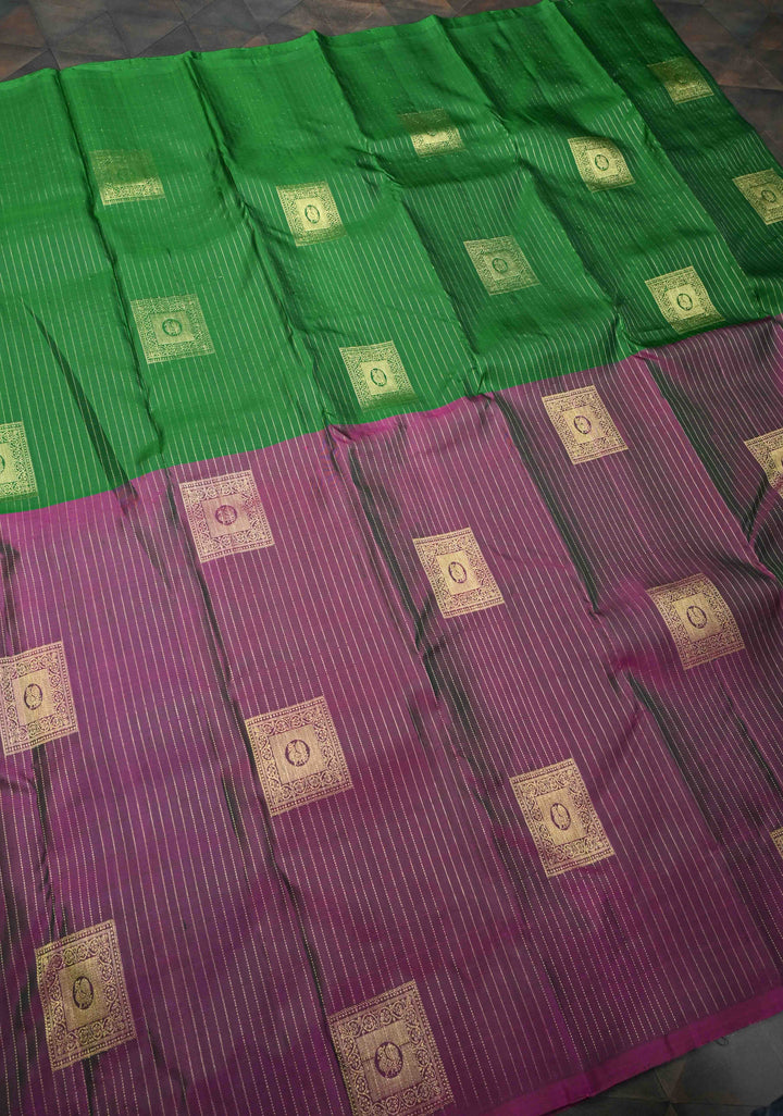 Green Zari Stripes Pure Kanjivaram Silk Saree with Geometric Motifs and Contrast Half Skirt Border  | SILK MARK CERTIFIED