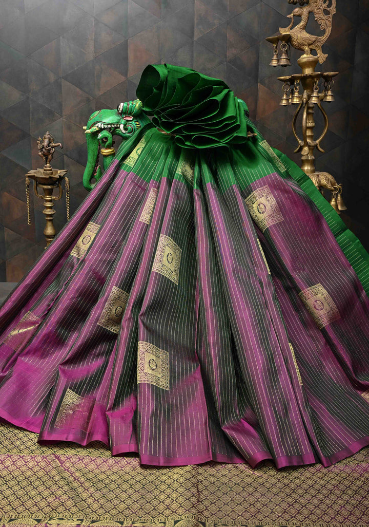 Green Zari Stripes Pure Kanjivaram Silk Saree with Geometric Motifs and Contrast Half Skirt Border  | SILK MARK CERTIFIED