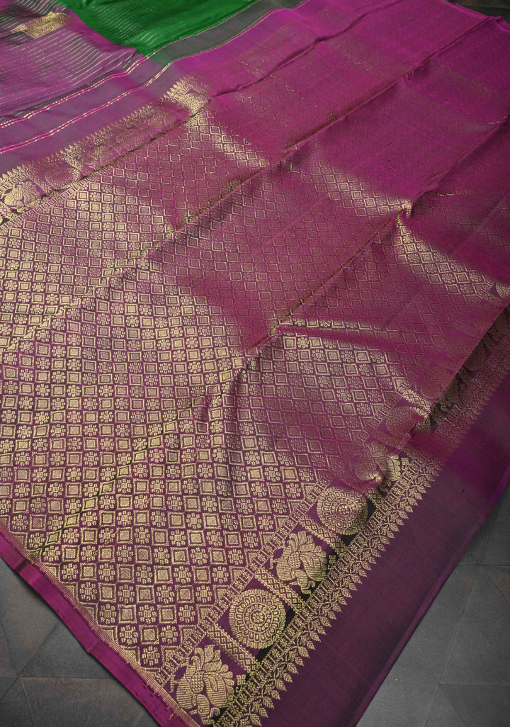 Green Zari Stripes Pure Kanjivaram Silk Saree with Geometric Motifs and Contrast Half Skirt Border  | SILK MARK CERTIFIED