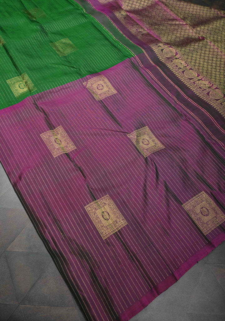 Green Zari Stripes Pure Kanjivaram Silk Saree with Geometric Motifs and Contrast Half Skirt Border  | SILK MARK CERTIFIED