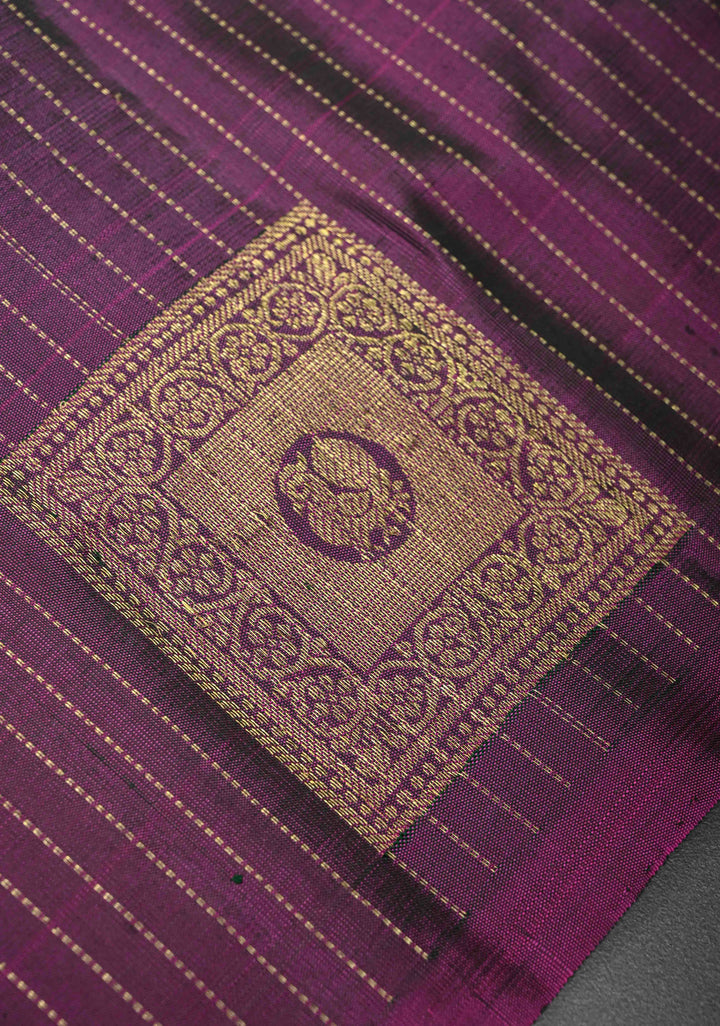 Green Zari Stripes Pure Kanjivaram Silk Saree with Geometric Motifs and Contrast Half Skirt Border  | SILK MARK CERTIFIED