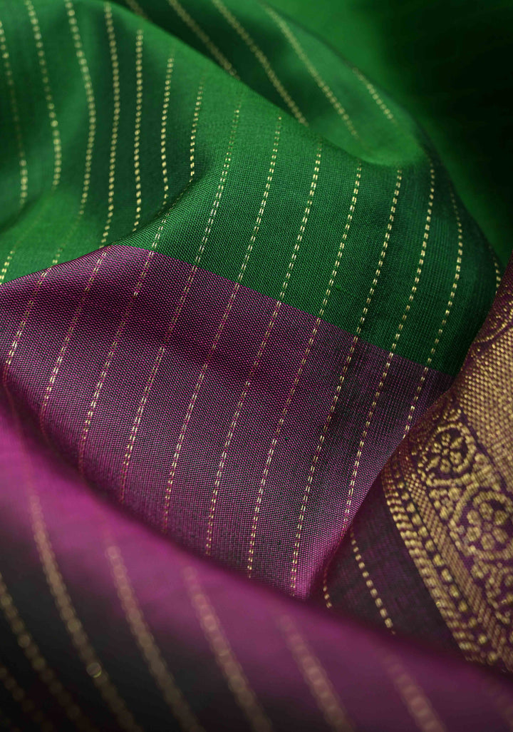 Green Zari Stripes Pure Kanjivaram Silk Saree with Geometric Motifs and Contrast Half Skirt Border  | SILK MARK CERTIFIED