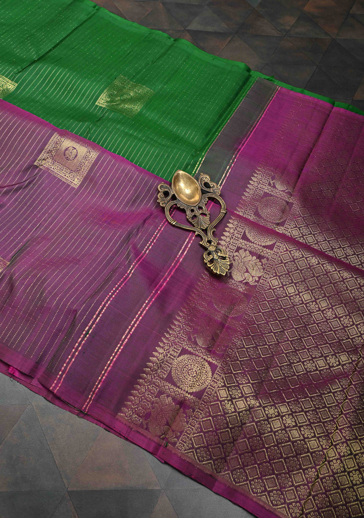 Green Zari Stripes Pure Kanjivaram Silk Saree with Geometric Motifs and Contrast Half Skirt Border  | SILK MARK CERTIFIED