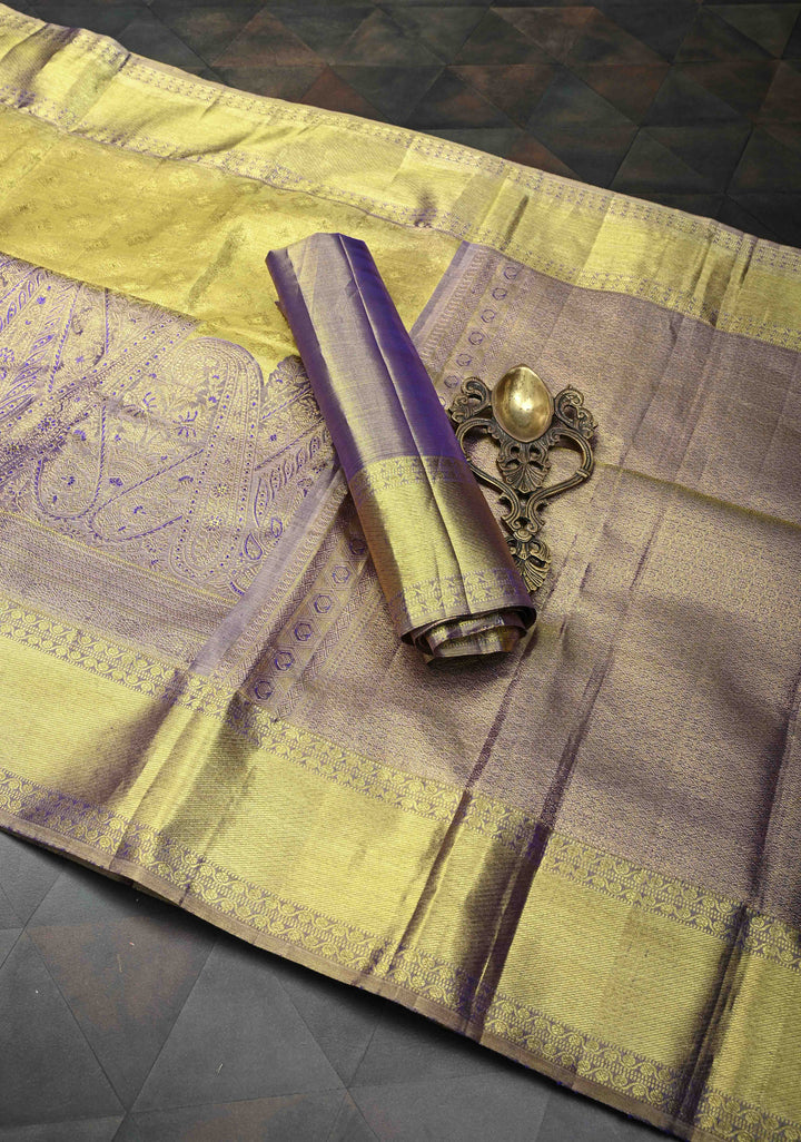 Golden Brocade Tissue Kanjivaram Pure Silk Saree With Zari Border | SILK MARK CERTIFIED