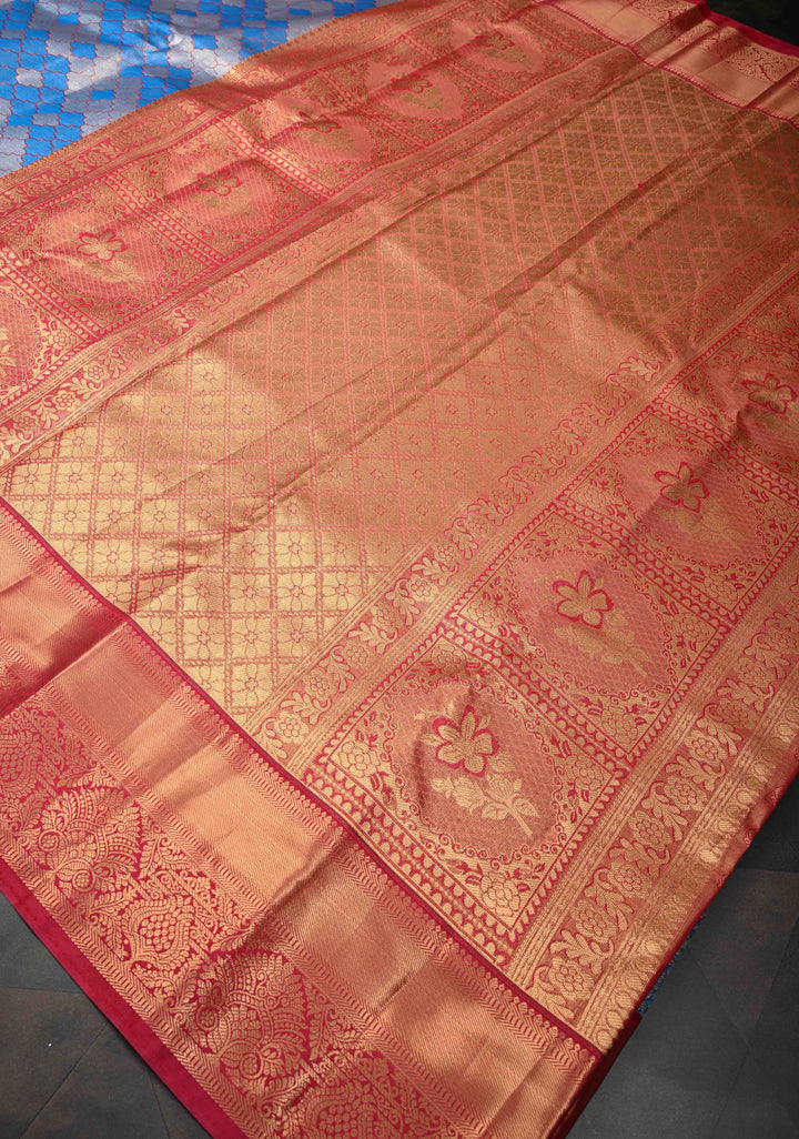 Blue Tissue Meenakari Semi Silk Saree in Kanchi Style with Moroccan Trellis Brocade Contrast Zari Border