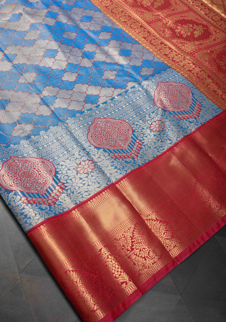 Blue Tissue Meenakari Semi Silk Saree in Kanchi Style with Moroccan Trellis Brocade Contrast Zari Border