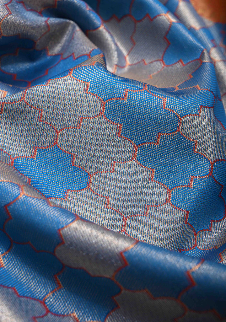 Blue Tissue Meenakari Semi Silk Saree in Kanchi Style with Moroccan Trellis Brocade Contrast Zari Border