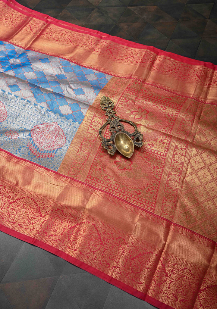 Blue Tissue Meenakari Semi Silk Saree in Kanchi Style with Moroccan Trellis Brocade Contrast Zari Border