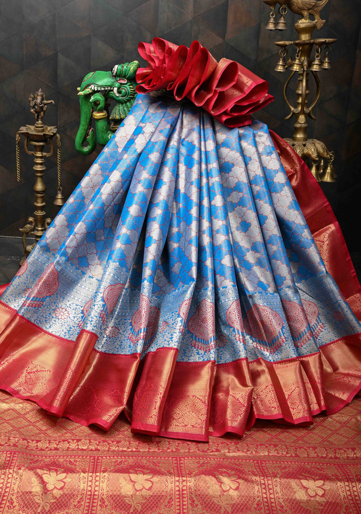 Blue Tissue Meenakari Semi Silk Saree in Kanchi Style with Moroccan Trellis Brocade Contrast Zari Border