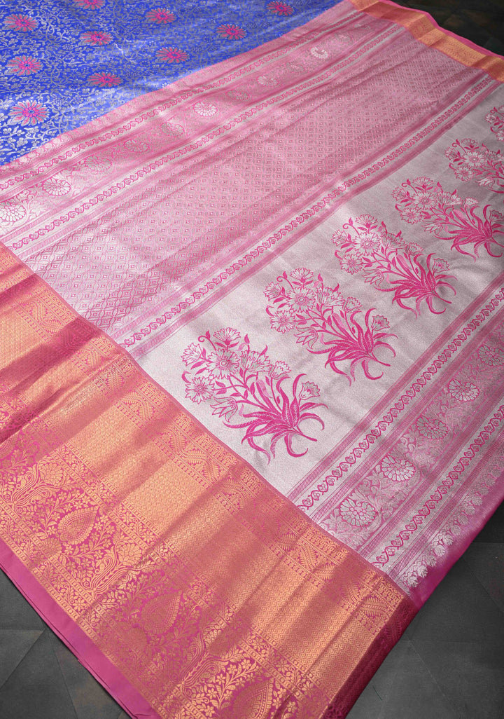 Blue Tissue Semi Silk Saree in Kanchi Style with Floral Meenakari Brocade and Wide Contrast Zari Border