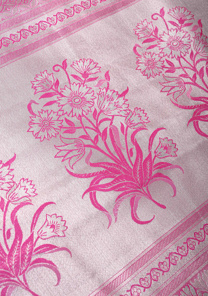 Blue Tissue Semi Silk Saree in Kanchi Style with Floral Meenakari Brocade and Wide Contrast Zari Border