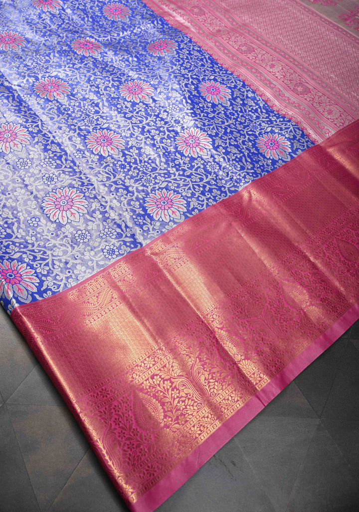 Blue Tissue Semi Silk Saree in Kanchi Style with Floral Meenakari Brocade and Wide Contrast Zari Border