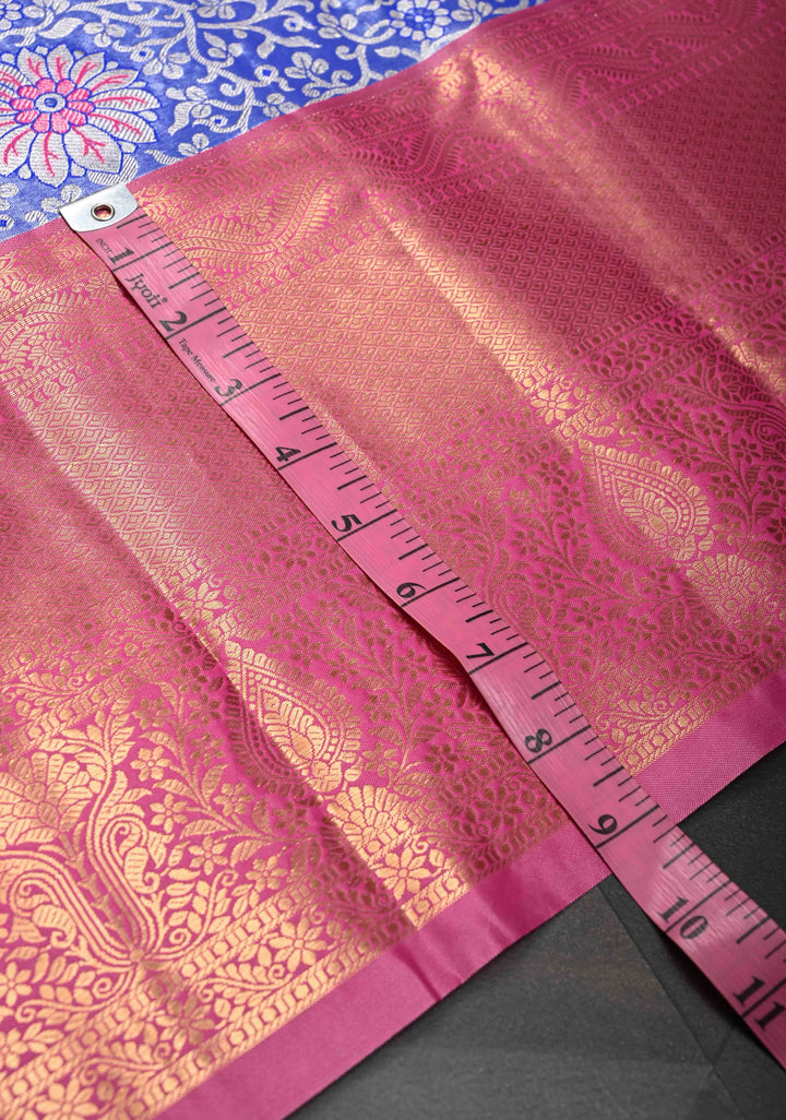 Blue Tissue Semi Silk Saree in Kanchi Style with Floral Meenakari Brocade and Wide Contrast Zari Border