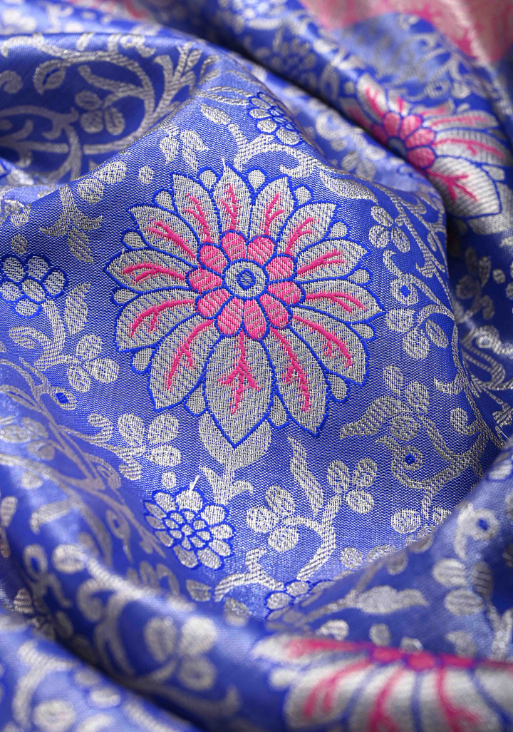 Blue Tissue Semi Silk Saree in Kanchi Style with Floral Meenakari Brocade and Wide Contrast Zari Border