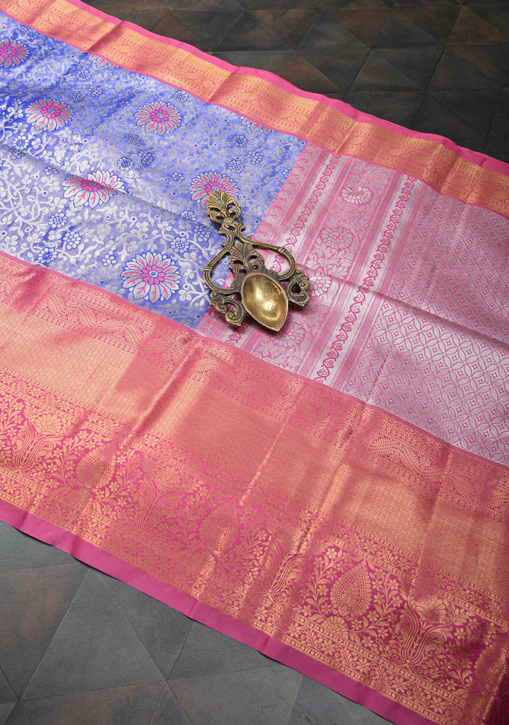 Blue Tissue Semi Silk Saree in Kanchi Style with Floral Meenakari Brocade and Wide Contrast Zari Border