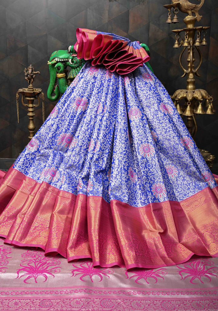 Blue Tissue Semi Silk Saree in Kanchi Style with Floral Meenakari Brocade and Wide Contrast Zari Border