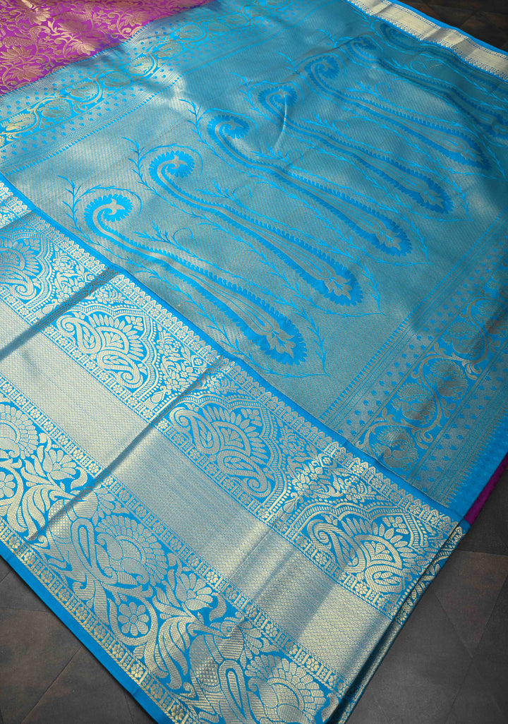 Dark Purple Semi Silk Saree in Kanchi Style with Floral Brocade Jaal and Wide Contrast Zari Border