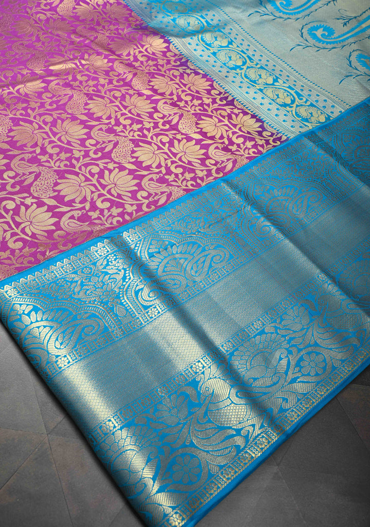 Dark Purple Semi Silk Saree in Kanchi Style with Floral Brocade Jaal and Wide Contrast Zari Border