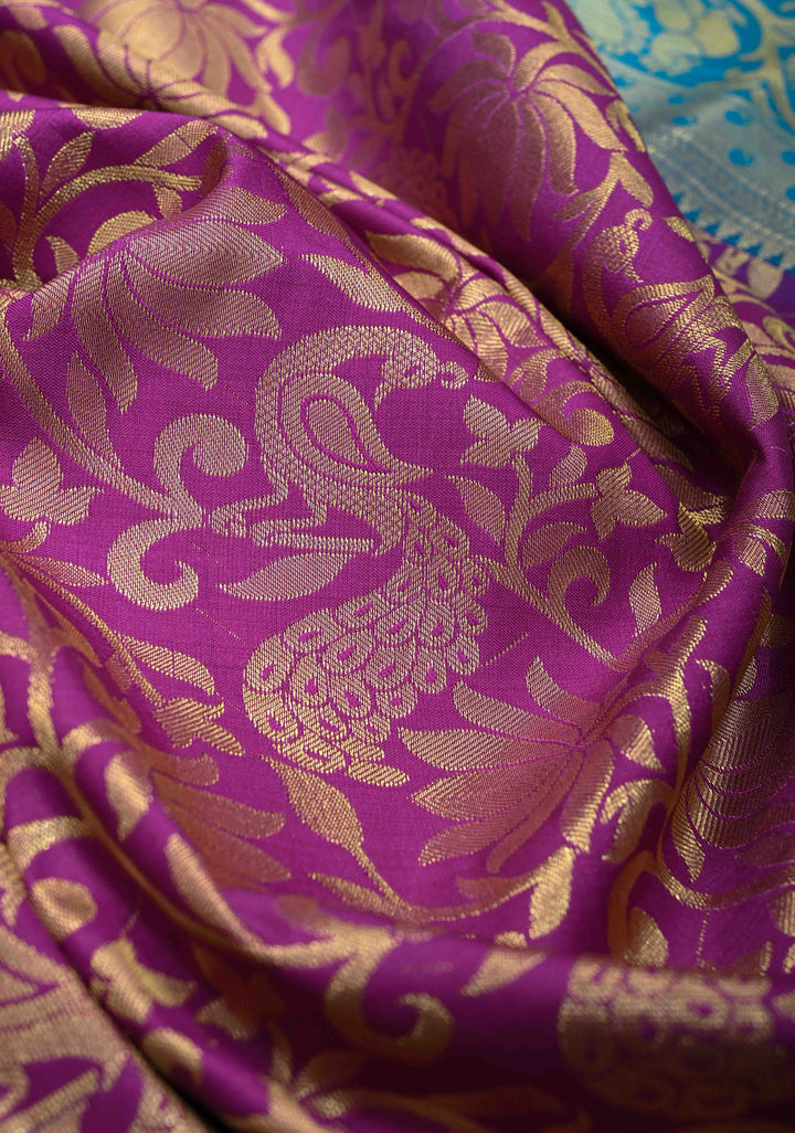 Dark Purple Semi Silk Saree in Kanchi Style with Floral Brocade Jaal and Wide Contrast Zari Border