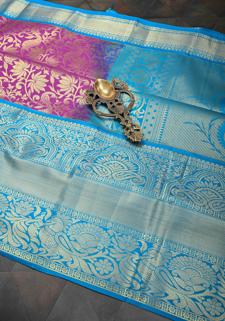 Dark Purple Semi Silk Saree in Kanchi Style with Floral Brocade Jaal and Wide Contrast Zari Border