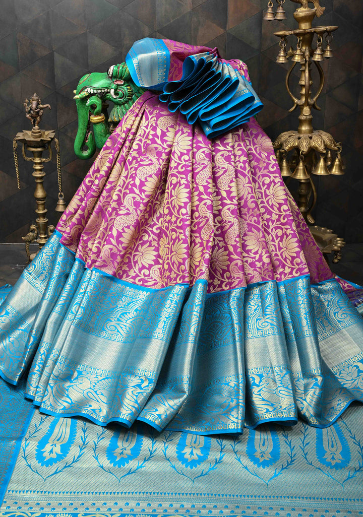 Dark Purple Semi Silk Saree in Kanchi Style with Floral Brocade Jaal and Wide Contrast Zari Border