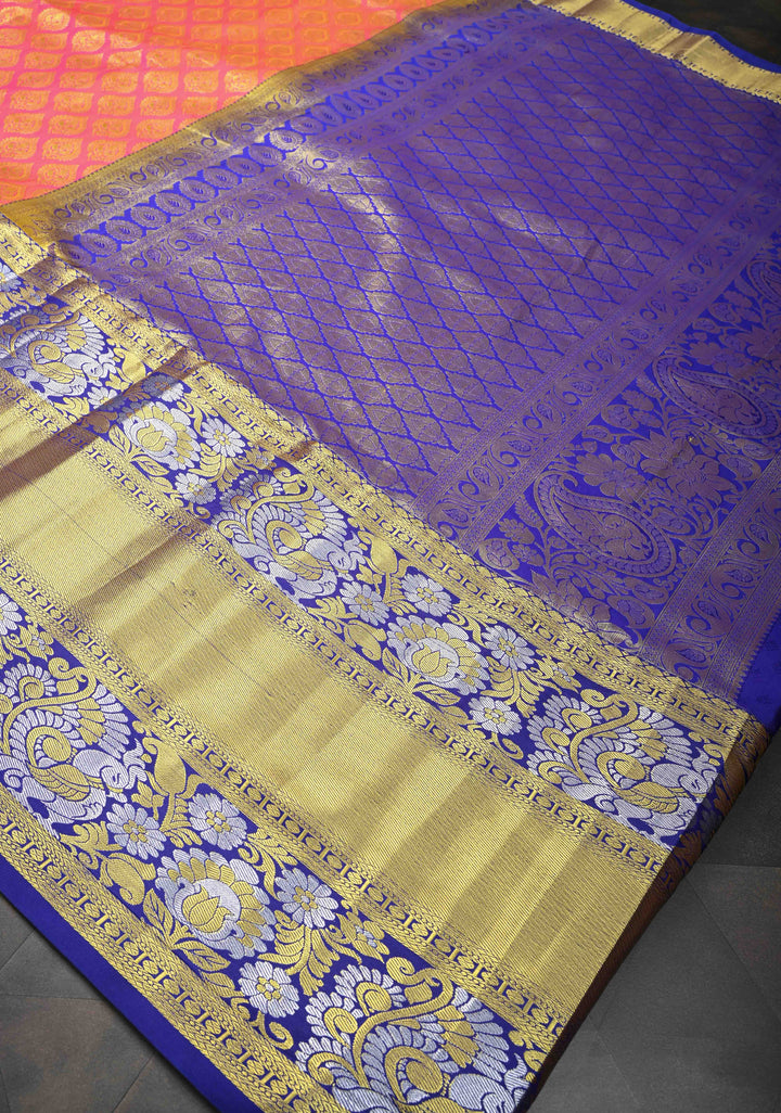 Pink Semi Silk Saree in Kanchi Style with Brocade and Wide Contrast Zari Border