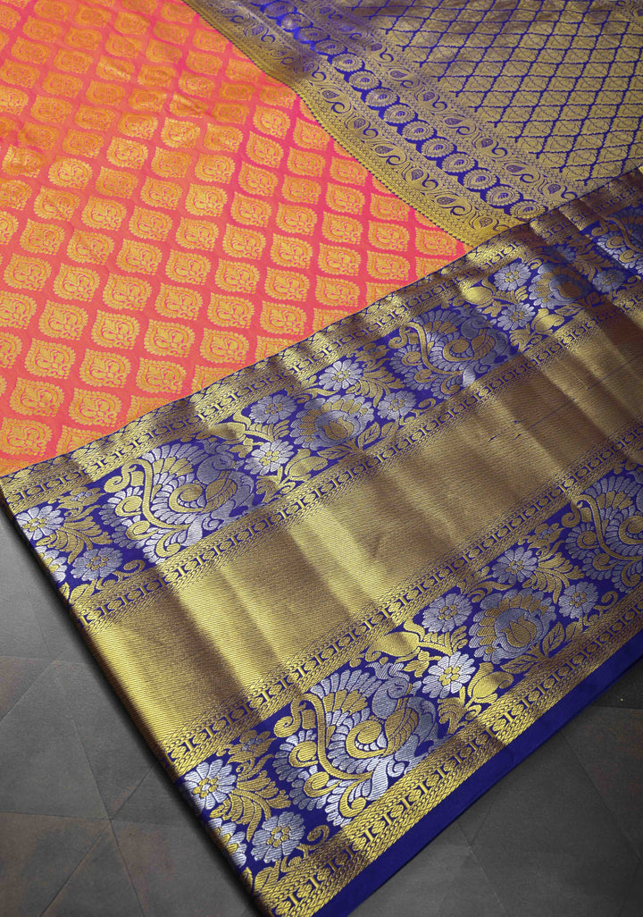 Pink Semi Silk Saree in Kanchi Style with Brocade and Wide Contrast Zari Border