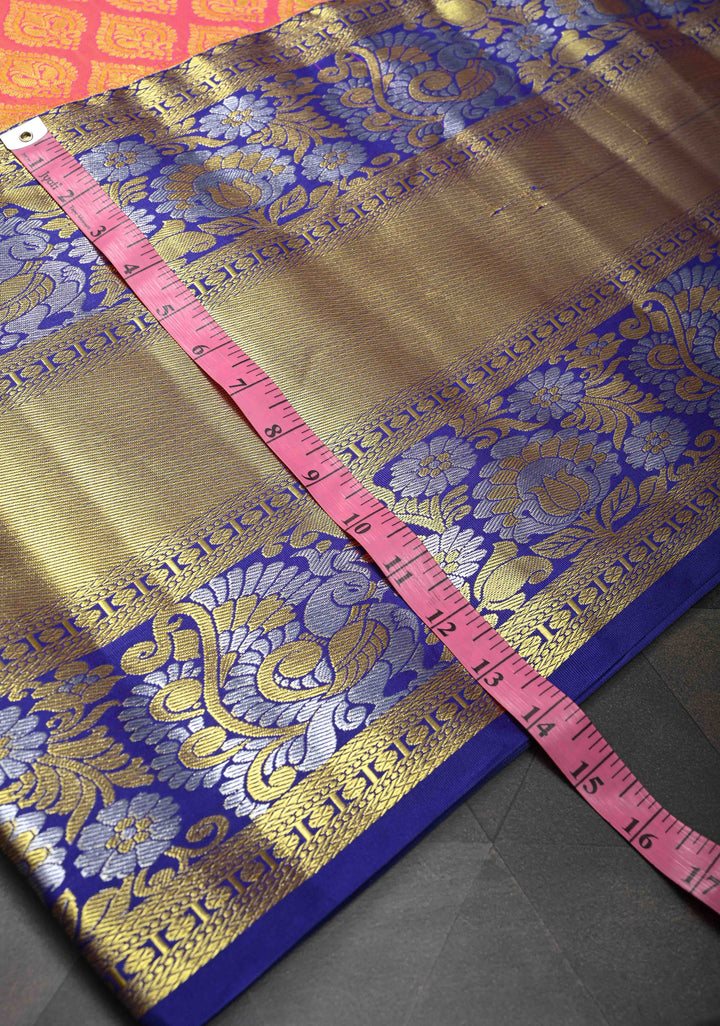 Pink Semi Silk Saree in Kanchi Style with Brocade and Wide Contrast Zari Border