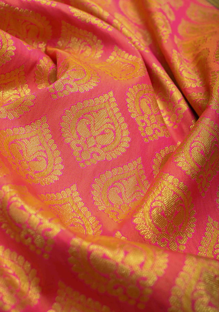 Pink Semi Silk Saree in Kanchi Style with Brocade and Wide Contrast Zari Border