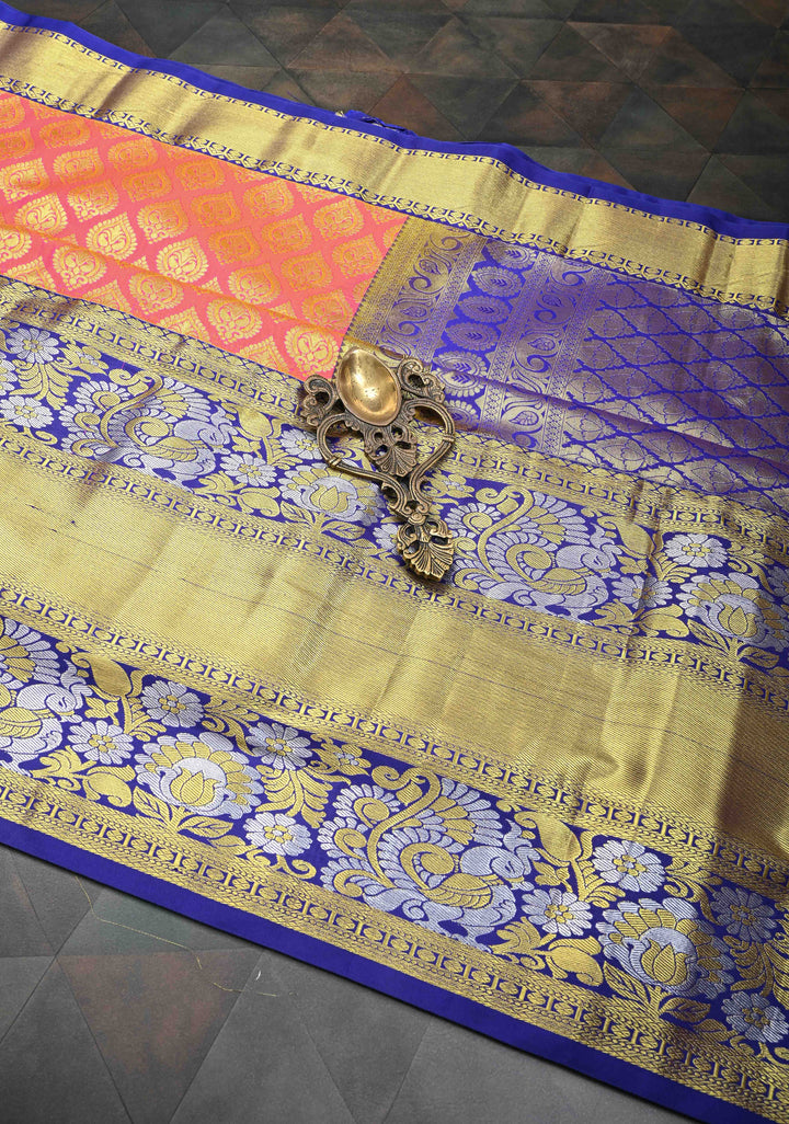 Pink Semi Silk Saree in Kanchi Style with Brocade and Wide Contrast Zari Border