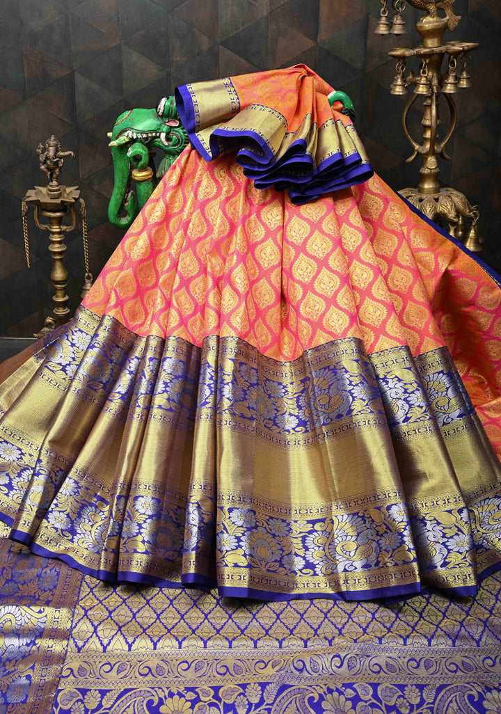 Pink Semi Silk Saree in Kanchi Style with Brocade and Wide Contrast Zari Border