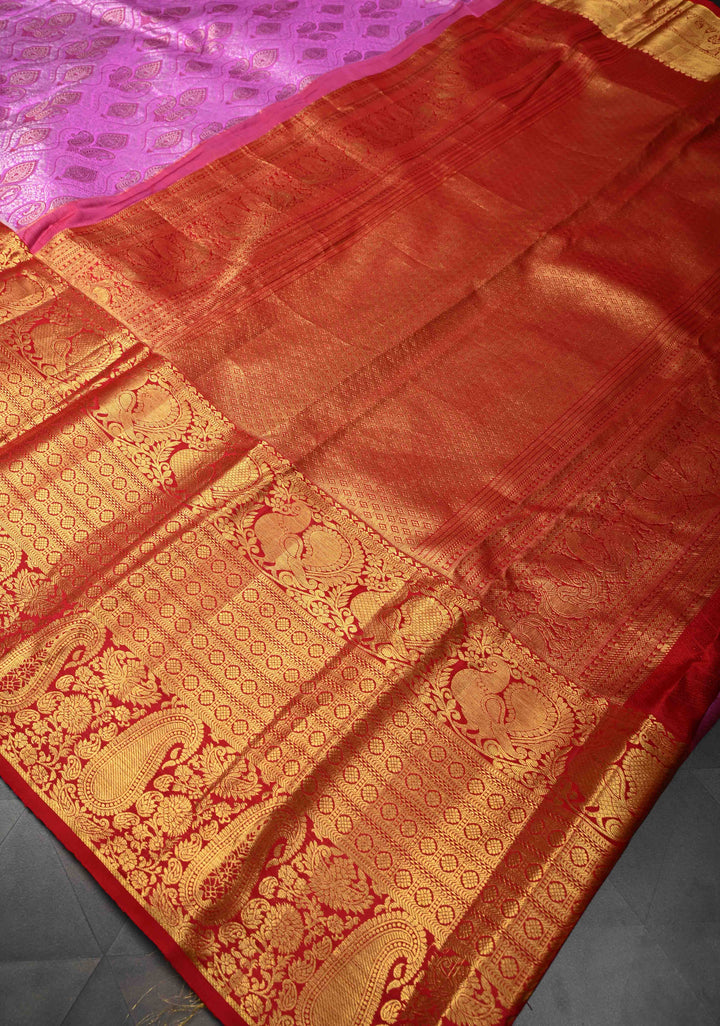 Dark Lilac Kanjivaram Silk saree with Meenakari Floral Brocade And Contract Zari border | SILK MARK CERTIFIED